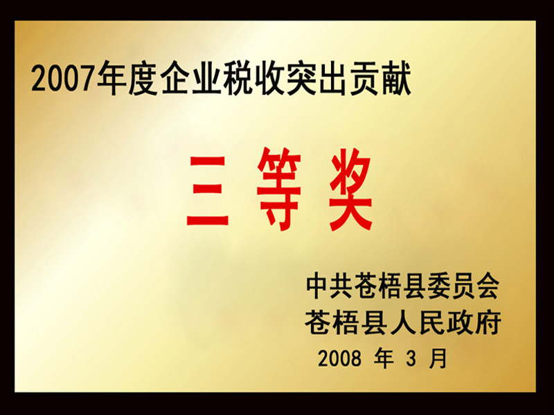 2007年度企業(yè)稅收突出貢獻(xiàn) 三等獎(jiǎng)